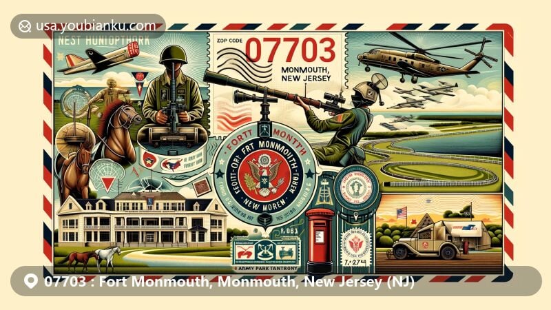 Modern illustration of Fort Monmouth, Monmouth County, New Jersey, showcasing historical and military themes with Fort Monmouth Garrison Shield, Army Signal Corps symbolism, Monmouth Park imagery, and postal elements.