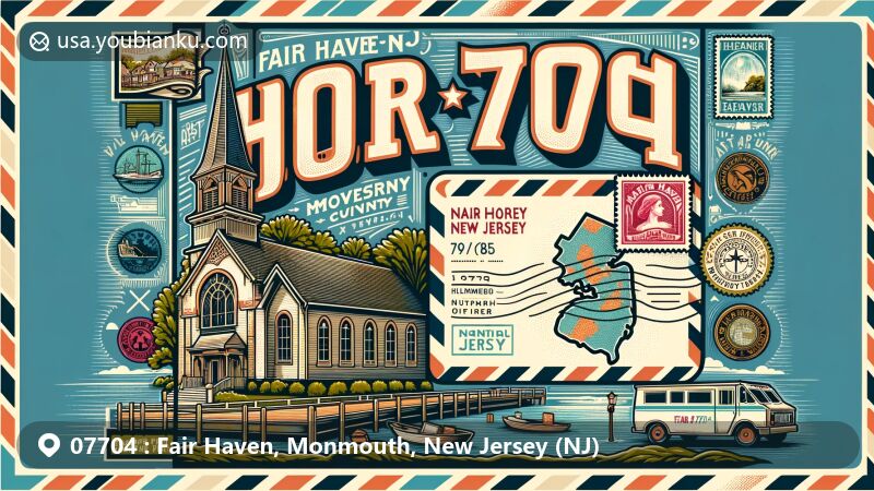 现代插画呈现出新泽西州蒙茅斯县费尔黑文（邮政编码07704）的明信片风格，展示了纳维辛克河、菲斯克教堂等关键元素，突出了邮政主题，生动表现了自然美和建筑特色。