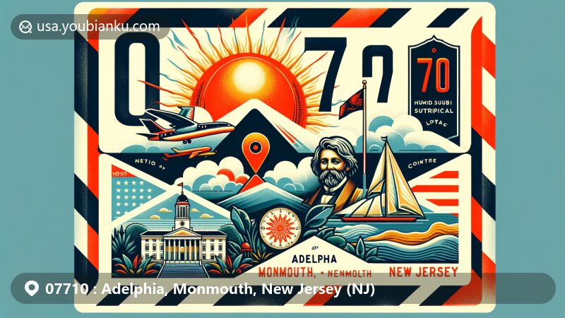 Vintage illustration of Adelphia, Monmouth, New Jersey, capturing postal theme with ZIP code 07710, depicting humid subtropical climate and historical figure Charles Asa Francis, adorned with New Jersey state flag and Monmouth County outline.