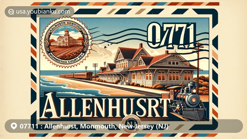 Illustration of Allenhurst, Monmouth County, New Jersey, featuring a vintage airmail envelope with a decorative postage stamp depicting the Allenhurst Railroad Station, a Victorian-style house, and the ZIP code 07711, set against an Atlantic Ocean backdrop.