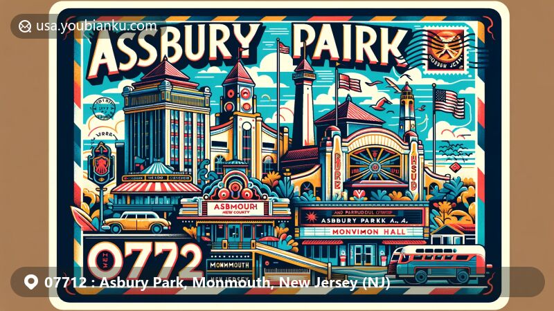 Modern illustration of Asbury Park, Monmouth County, New Jersey, featuring iconic landmarks like Asbury Park Boardwalk, Paramount Theater, and Convention Hall, with vintage postal elements and ZIP code 07712.