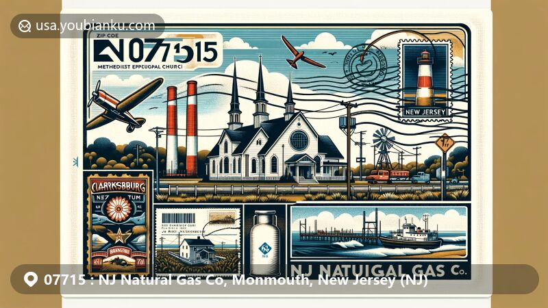 Modern illustration of Monmouth County, New Jersey, showcasing ZIP Code 07715 area with NJ Natural Gas Co elements, featuring Clarksburg Methodist Episcopal Church and Fort Hancock U.S. Life Saving Station.