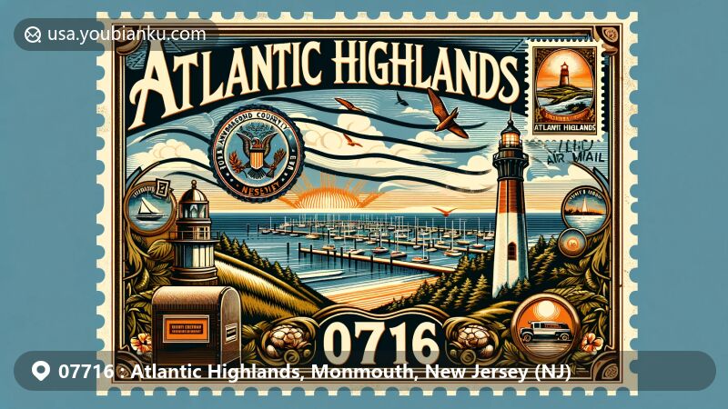 Modern illustration of Atlantic Highlands, Monmouth County, New Jersey, featuring postal theme with ZIP code 07716, showcasing Atlantic Highlands Marina and Hartshorne Woods Park.