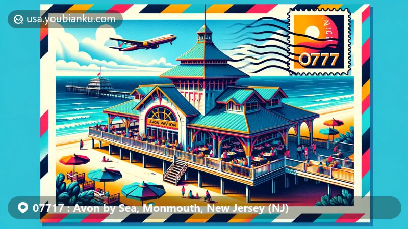 Modern illustration of Avon by the Sea, Monmouth County, New Jersey, featuring Avon Pavilion and postal theme with ZIP code 07717, showcasing Sylvan Lake and Shark River, alongside New Jersey state flag art.