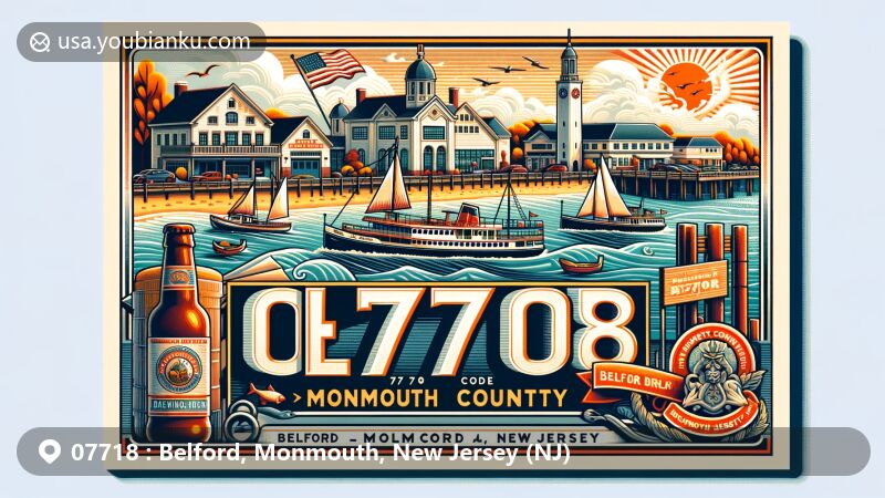 Modern illustration of Belford, Monmouth County, New Jersey, showcasing key features including Belford Harbor with boats, SeaStreak ferry, and a local brewery. Background hints at Monmouth County's rich history, possibly historical sites or a lighthouse. Bright, warm color scheme evokes community pride. ZIP code 07718 displayed prominently.