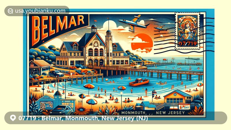 Vivid depiction of Belmar, Monmouth County, New Jersey, with iconic landmarks and cultural elements, including beaches, history museum, and marina, all set in a postcard-style design with postal theme.