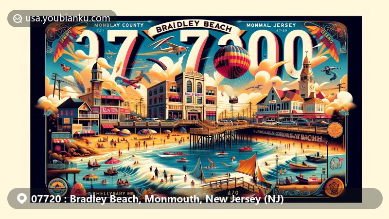 Vintage postcard style illustration of Bradley Beach, Monmouth County, New Jersey, featuring vibrant beach scene, historic landmarks, and postal theme with ZIP code 07720.