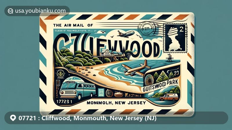 Modern illustration of Cliffwood, Monmouth County, New Jersey (NJ), showcasing postal theme with ZIP code 07721, featuring Cliffwood Beach and Guisti Park, and incorporating vintage postal symbols.