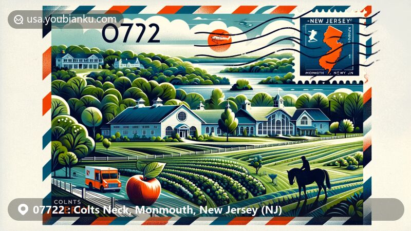 Modern illustration of Colts Neck, Monmouth County, New Jersey, capturing the essence of rural luxury with lush landscapes, estates, horse farms, and a symbolic apple orchard. Features ZIP code 07722, New Jersey state silhouette, and subtle nods to Bruce Springsteen, in the style of an airmail envelope.