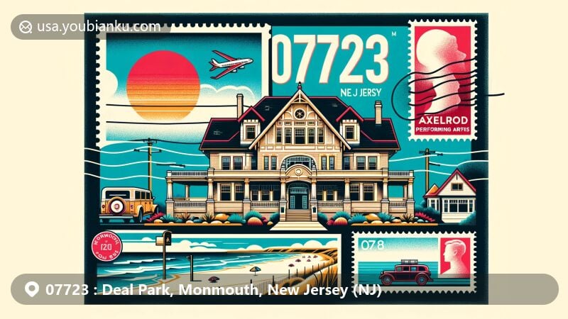 Modern illustration of Deal Park, Monmouth County, New Jersey, capturing the essence of local architecture with a classic American foursquare-style mansion, showcasing the cultural scene with the Axelrod Performing Arts Center, highlighting the coastal location with a picturesque beach scene, and featuring a postal design with ZIP code 07723.