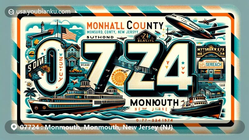 Modern illustration of Monmouth County, New Jersey, showcasing a creative airmail envelope with ZIP code 07724, featuring Seastreak Ferry, Bradley Beach Boardwalk, and the iconic Stone Pony music venue.