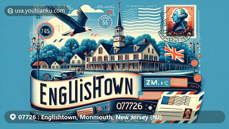 Modern illustration of Englishtown, Monmouth County, New Jersey, showcasing postal theme with ZIP code 07726, featuring historic Village Inn linked to George Washington, incorporating New Jersey state symbols like the state flag.