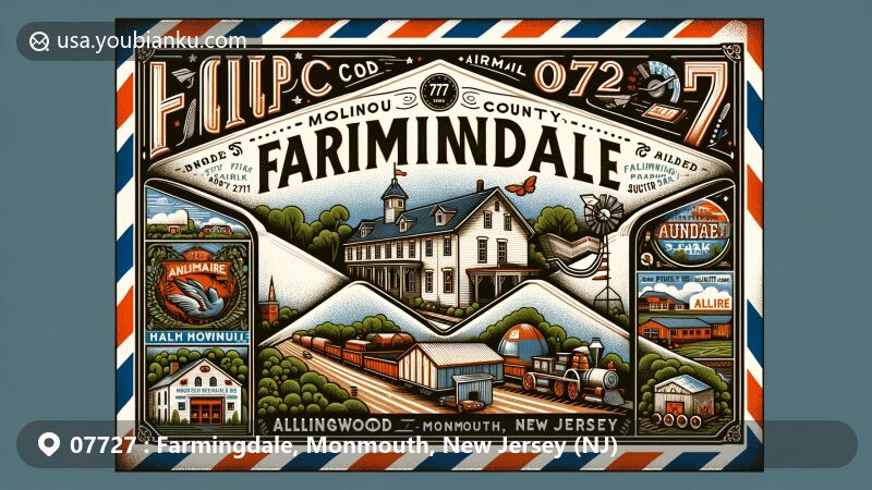 Creative illustration of Farmingdale, Monmouth County, New Jersey, representing ZIP code 07727, featuring Historic Allaire Village, Allaire State Park, and local market culture.
