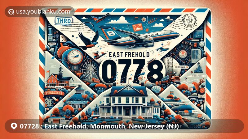 Artistic depiction of East Freehold, Monmouth County, New Jersey, showcasing ZIP code 07728 on a wide-format airmail envelope with landmarks like Marlpit Hall and Freehold Raceway, along with cultural elements like Freehold Art Gallery and Calgo Gardens.