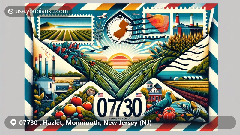 Modern illustration of Hazlet, Monmouth, New Jersey (NJ), showcasing postal theme with ZIP code 07730, featuring Raritan Bay, New Jersey state flag, farmland, and Monmouth County stamp.