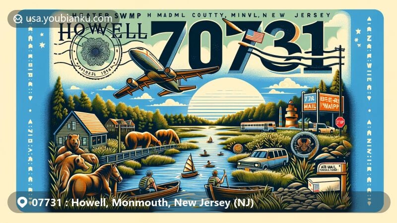 Modern illustration of Howell, Monmouth County, New Jersey, featuring postal theme with ZIP code 07731, showcasing Bear Swamp Natural Area, township landmarks, and postal elements.