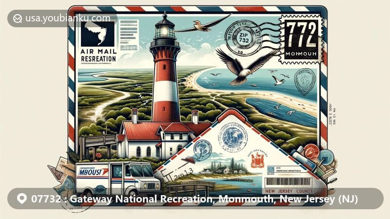 Creative illustration of Gateway National Recreation Area, Monmouth, New Jersey, showcasing postal theme with Sandy Hook Lighthouse, New Jersey state flag, local flora and fauna, and postal elements like ZIP code 07732.