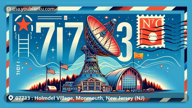 Modern illustration of Holmdel Village, Monmouth County, New Jersey, featuring iconic Holmdel Horn Antenna, PNC Bank Arts Center, and New Jersey state symbols, with postal theme including '07733' postmark and postage stamp design.