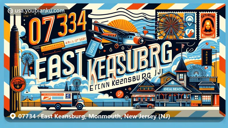 Modern illustration of East Keansburg, Monmouth County, New Jersey, featuring postal theme with ZIP code 07734, showcasing Keansburg Amusement Park and Ideal Beach.