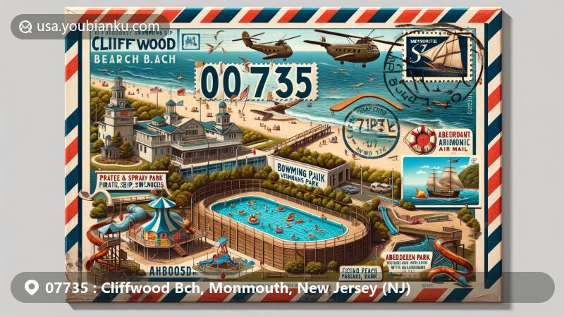 Vintage-style illustration of Cliffwood Beach, Monmouth, New Jersey, representing ZIP code 07735, featuring historic seaside amusements and modern beachfront attractions like Veterans Park and Aberdeen Sea Walk.