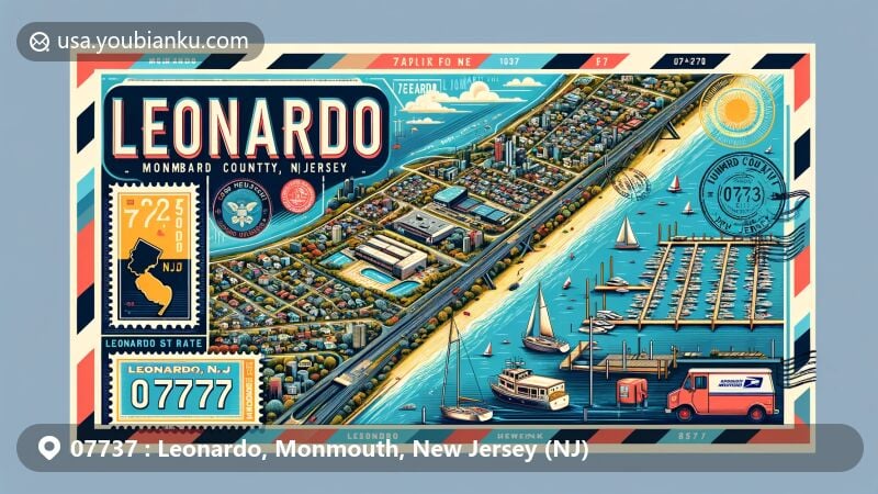 Vibrant illustration of Leonardo, Monmouth County, New Jersey, featuring ZIP code 07737 and Leonardo State Marina, with a blend of postal and coastal elements, including New Jersey state flag and vintage postal truck.