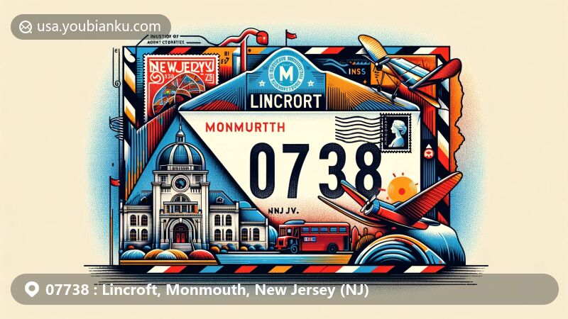 Modern illustration of Lincroft, Monmouth County, New Jersey, showcasing a detailed airmail envelope with ZIP code 07738, featuring Monmouth Museum stamp and Lincroft postmark, against a backdrop of New Jersey's outline and cultural symbols.