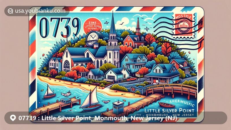 Vintage-style illustration of Little Silver Point, Monmouth, New Jersey, featuring St. John's Episcopal Church, Allen House, Little Silver Train Station, Parker Homestead, nautical elements, and postal theme with ZIP code 07739.