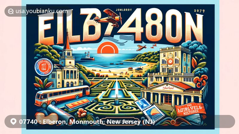 Vibrant illustration of Elberon, Monmouth County, New Jersey, featuring postal theme with ZIP code 07740, showcasing historic Elberon Park and the iconic Sunken Garden of 'Shorelands' villa.