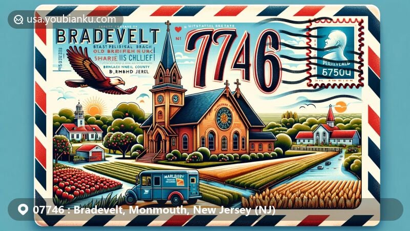 Modern illustration of Bradevelt, Monmouth County, New Jersey, showcasing postal theme with ZIP code 07746, featuring historic churches, agricultural scenes, and Marlboro Psychiatric Hospital.