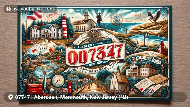 Modern illustration of Aberdeen, Monmouth, New Jersey, showcasing postal theme with ZIP code 07747, featuring Matawan Historical Society Museum, Revolutionary War Cemetery, Freneau Woods Park, and Cliffwood Beach.