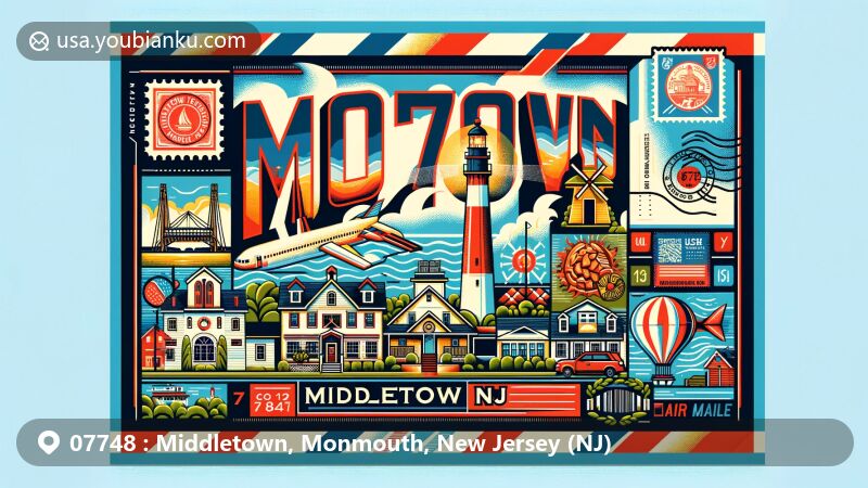 Modern illustration of Middletown, Monmouth County, New Jersey, featuring Sandy Hook Lighthouse and Middletown Village Historic District, creatively presented as a rectangular postcard with airmail envelope elements for ZIP code 07748.