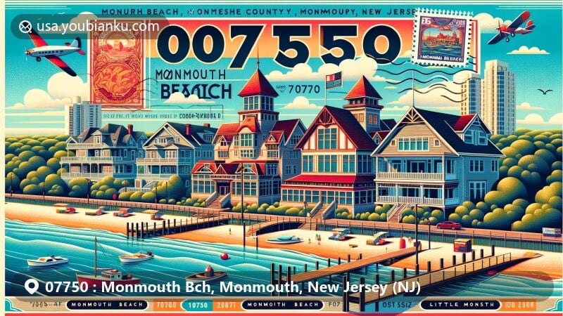 Modern illustration of Monmouth Beach, Monmouth County, New Jersey, showcasing postal theme with ZIP code 07750, featuring Monmouth Beach Cultural Center and the picturesque Jersey Shoreline.