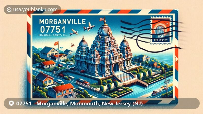 Illustration of Morganville, Monmouth County, New Jersey, featuring Sri Guruvayoorappan Temple and suburban landscapes, highlighting cultural diversity and residential character.