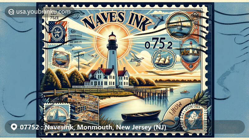 Modern illustration of Navesink area, Monmouth County, New Jersey, featuring iconic Navesink Twin Lights lighthouse, maritime heritage, local environmental elements, and ZIP code 07752.