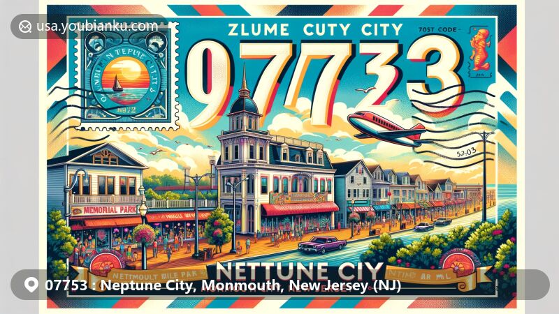 Modern illustration of Neptune City, Monmouth County, New Jersey, showcasing postal theme with ZIP code 07753, featuring vibrant boardwalk, Memorial Park, and historic borough hall.