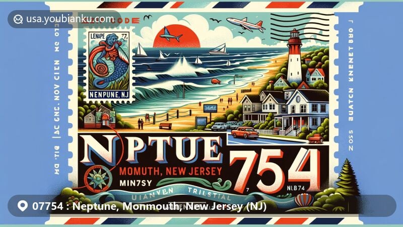 Modern illustration of Neptune, Monmouth County, New Jersey, featuring Ocean Grove historic site and Shark River Hills community, with Atlantic Ocean backdrop and Lenape Trails postage stamp.