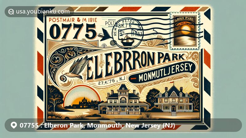 Modern illustration of Elberon Park, Monmouth, New Jersey, featuring vintage airmail envelope with ZIP code 07755 and area name, showcasing cultural icons, historic homes, natural beauty, and postal elements.