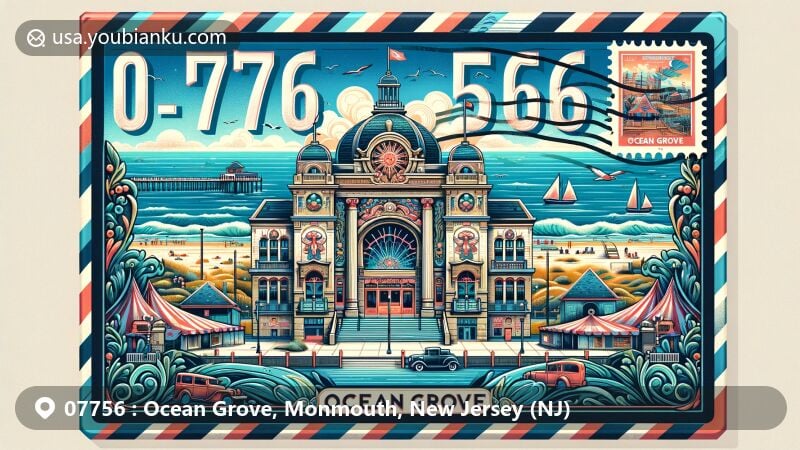 Modern illustration of Ocean Grove, Monmouth County, New Jersey, showcasing postal theme with ZIP code 07756, featuring Great Auditorium, Tent City, Victorian architecture, scenic seaside views, and New Jersey state flag stamp.