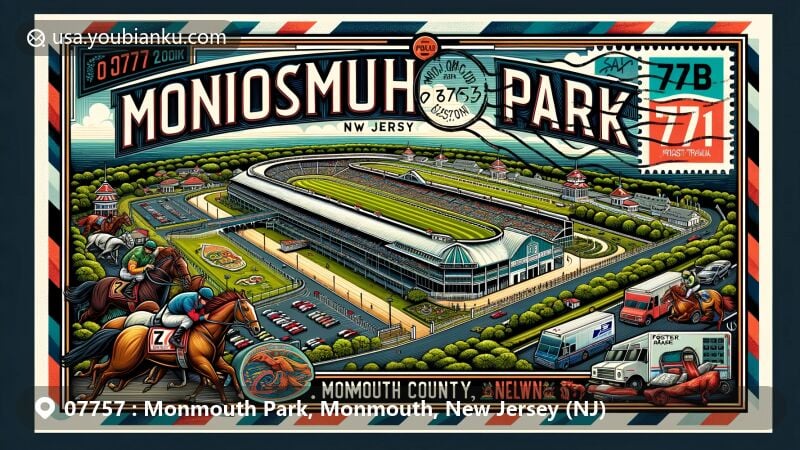 Modern illustration of Monmouth Park, Monmouth County, New Jersey, showcasing the vibrant atmosphere of the racetrack with a rich history since 1870. The image features the grandstand, horse racing scene, New Jersey's landscape, state flag, and postal elements like a postage stamp with ZIP Code 07757, postmark, mailbox, and postal van.