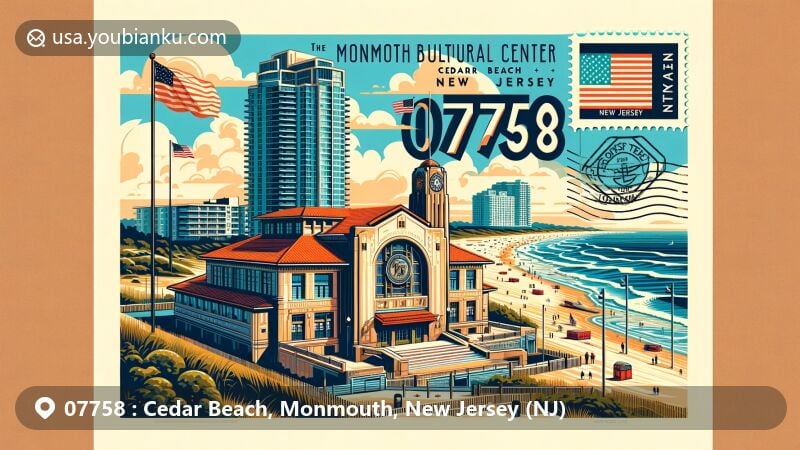 现代插图，展示新泽西州蒙茅斯县Cedar Beach地区，突出Monmouth Beach文化中心艺术表现，周围是风景如画的海滩，背景包括The Shores和The Admiralty公寓，装饰性07758邮政编码和邮戳。