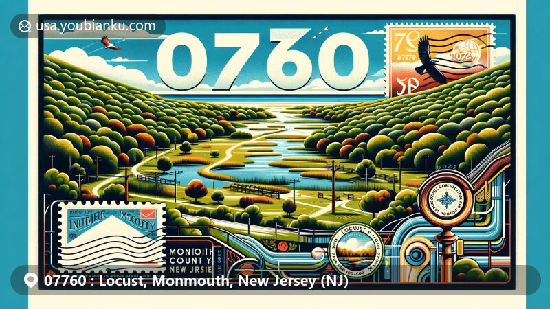 Modern illustration of Locust, Monmouth County, New Jersey, highlighting ZIP code 07760, featuring Huber Woods Park's natural beauty and postal theme.