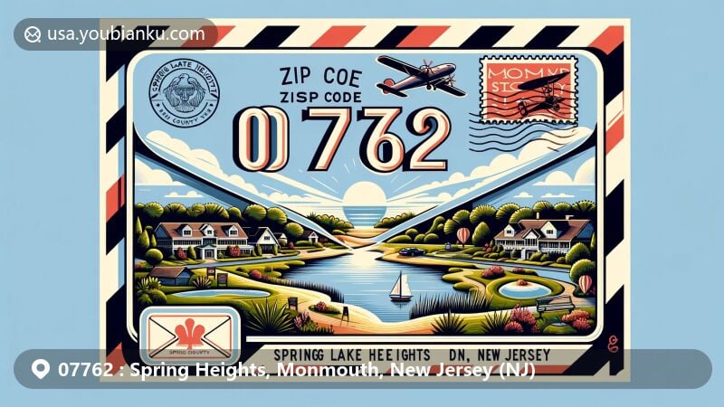 Modern illustration of Spring Lake Heights, Monmouth County, New Jersey, featuring postal theme with ZIP code 07762, showcasing coastal charm and key landmarks like ponds, green spaces, and private golf clubs.