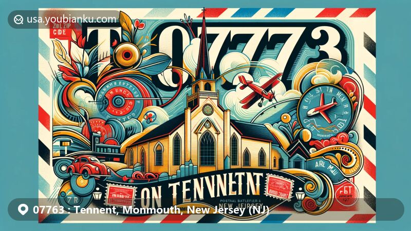 Modern illustration of Tennent, Monmouth County, New Jersey, featuring stylized depiction of Old Tennent Church and Monmouth County outline in a postal-themed artwork, with vintage stamps and ZIP code 07763.