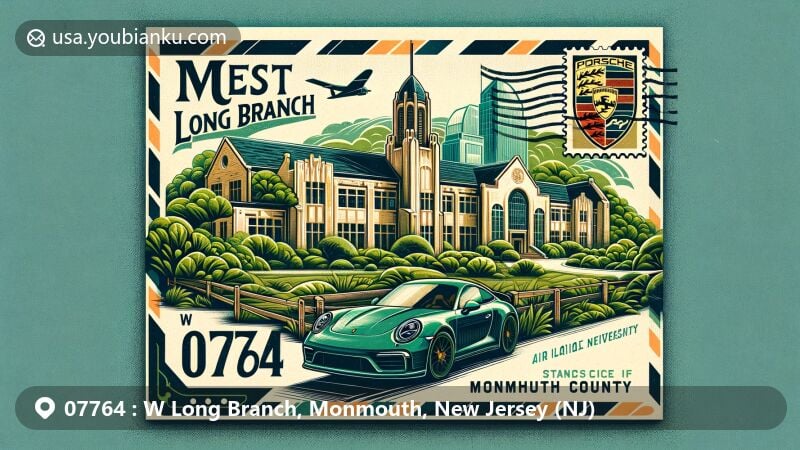 Vintage-style illustration of West Long Branch, Monmouth County, New Jersey, featuring Monmouth University's iconic campus, a luxurious Porsche car, New Jersey state flag stamp, and prominent '07764' ZIP Code cancellation mark.