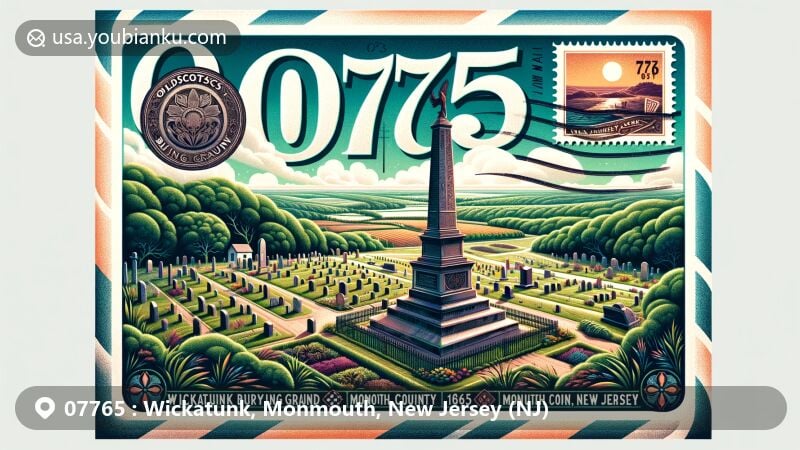 Modern illustration of Wickatunk, Monmouth County, New Jersey, featuring Old Scots Burying Ground with detailed monuments and lush greenery, showcasing vintage postage stamp with New Jersey state flag and ZIP code 07765 in bold letters.