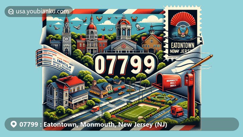 Modern illustration of Eatontown, Monmouth County, New Jersey, featuring iconic landmarks like Eatontown Historical Museum, Leon Smock 80 Acre Park, and Monmouth Mall, incorporating postal theme with traditional red mailbox and vintage postal van.