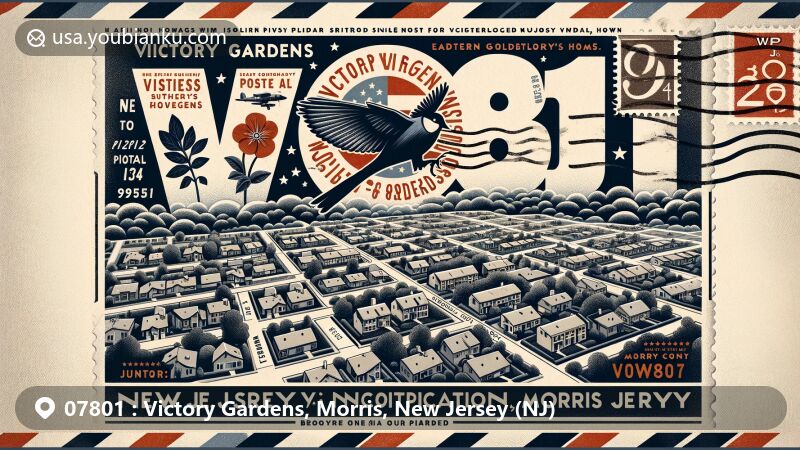 Modern illustration of Victory Gardens, Morris County, New Jersey, capturing postal theme with ZIP code 07801, featuring WWII housing project and New Jersey state symbols.