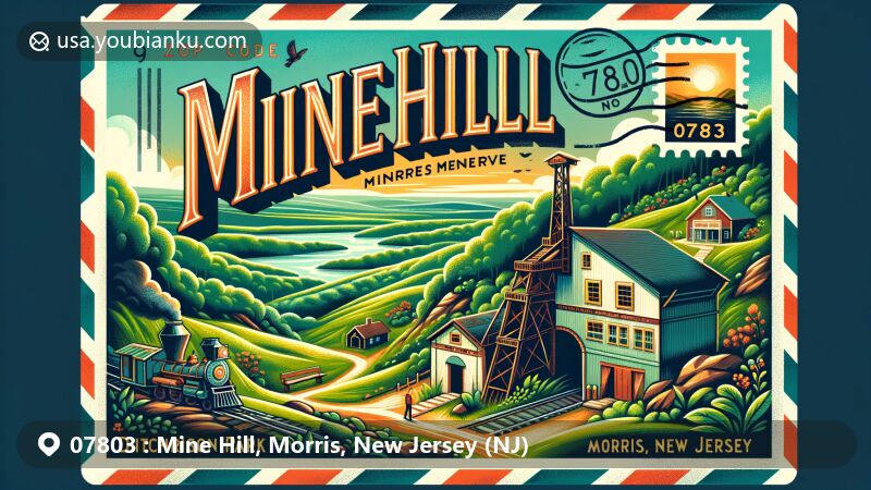 Modern illustration of Mine Hill, Morris, New Jersey, showcasing Hedden Park's lush greenery and scenic beauty, Dickerson Mine Preserve's historical significance, and Morris County's rolling hills, merged with postal elements like vintage stamp and artistic postmark.
