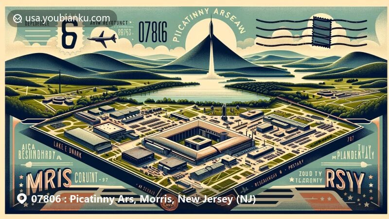 Modern illustration of Picatinny Arsenal, Morris County, New Jersey, highlighting military and research significance with landmarks like Lake Denmark and historic Cannon Gate, balanced with picturesque natural landscape and postal theme elements.
