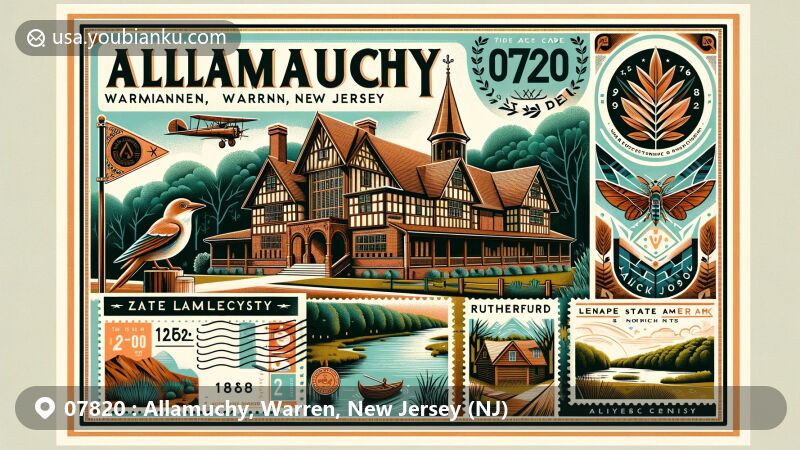 Modern illustration of Allamuchy, Warren County, New Jersey, featuring Rutherfurd Hall, Allamuchy Mountain, Lenape heritage, Allamuchy State Park, and postal elements with ZIP code 07820.